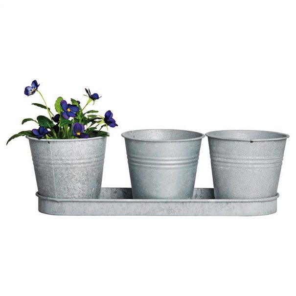 3 pots de fleurs avec soucoupe en zinc patiné (Vue 1)