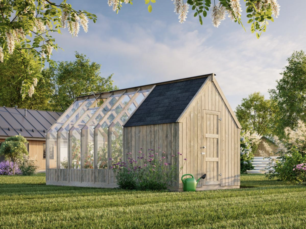 Serre classique double pente avec annexe couverte - Structure bois - Serre EMILIA 8.2m² avec annexe 4m² - PALMAKO (Vue 0)